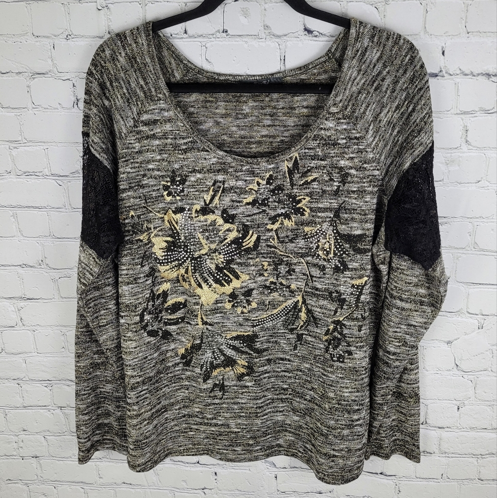 MISS ME | metallic thread floral lace detail long sleeve top